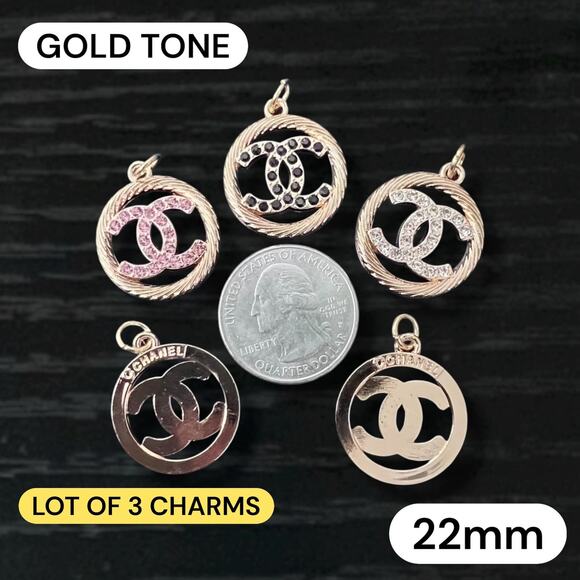 Lot Of 3 CC Round Gold Tone Zipper Pull Button Charms 22mm - Picture 1 of 2